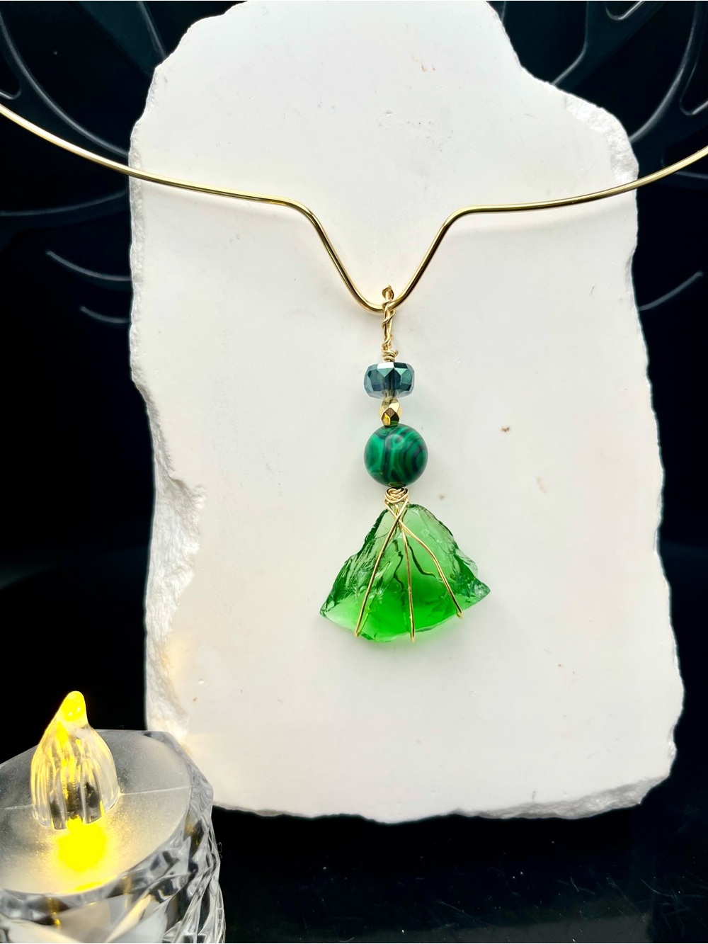 Green Sea Glass Pendant Necklace - Gold Choker